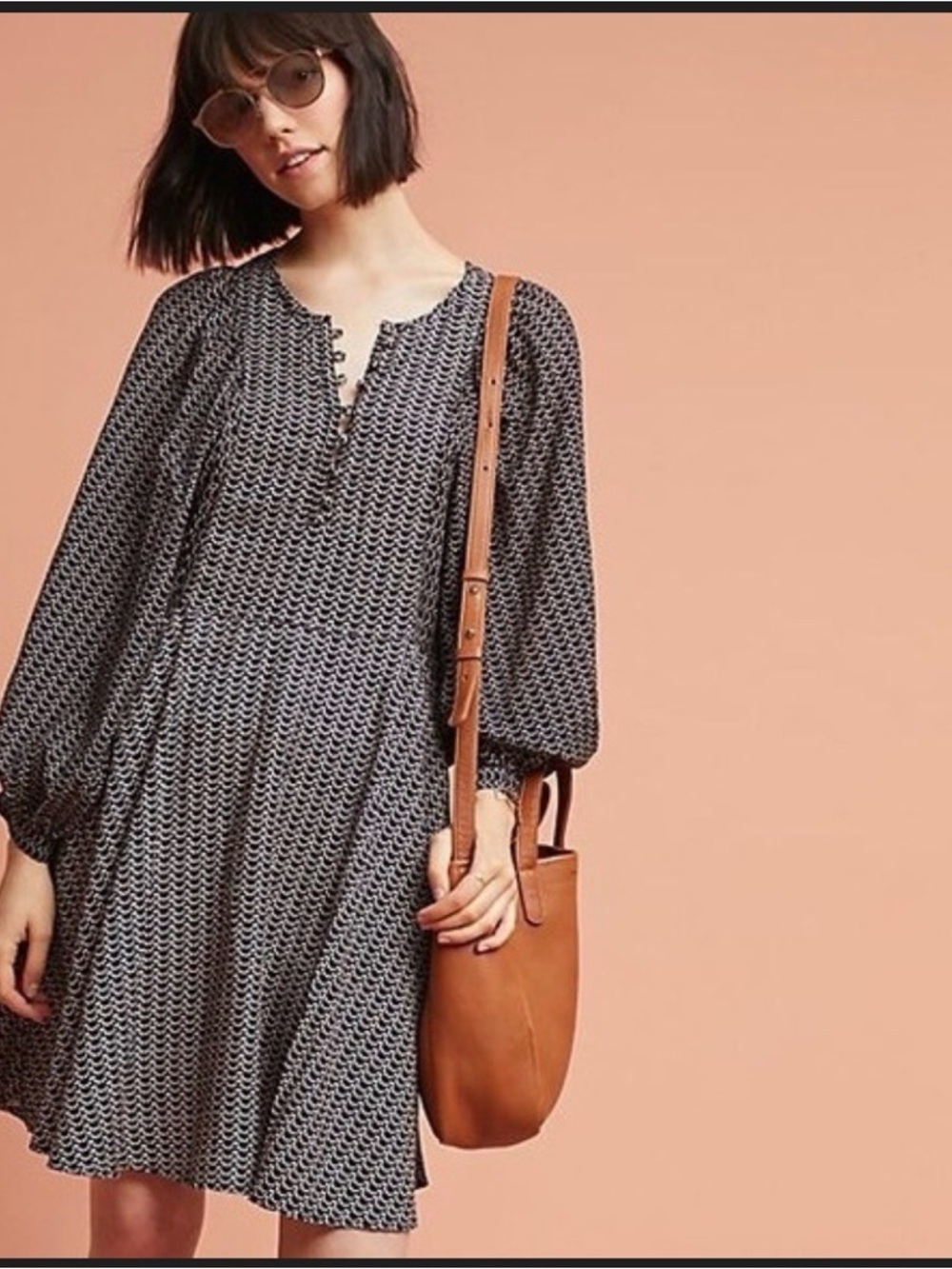 Maeve Anthropologie Black and White Printed Long-Sleeve Henley Dress